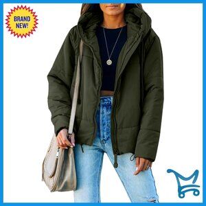 Oversized Puffer Jacket Full Zipper Hooded Casual Winter Coat with Pockets